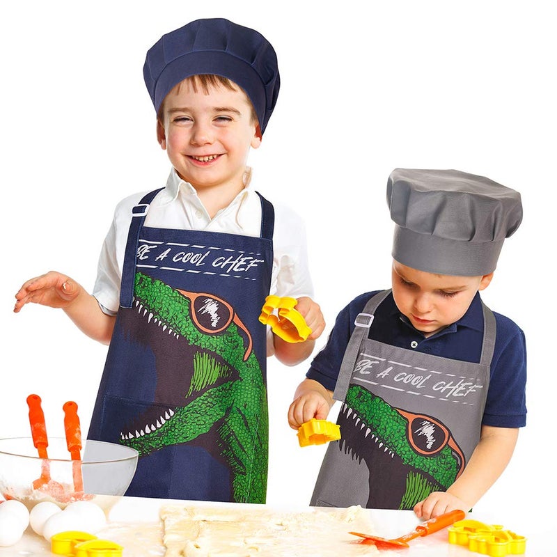 MHJY Kids Apron and Chef Hat for Boys Dinosaur Adjustable Child Aprons with Pockets for Cooking Baking Painting 3-12 Years - Image 4